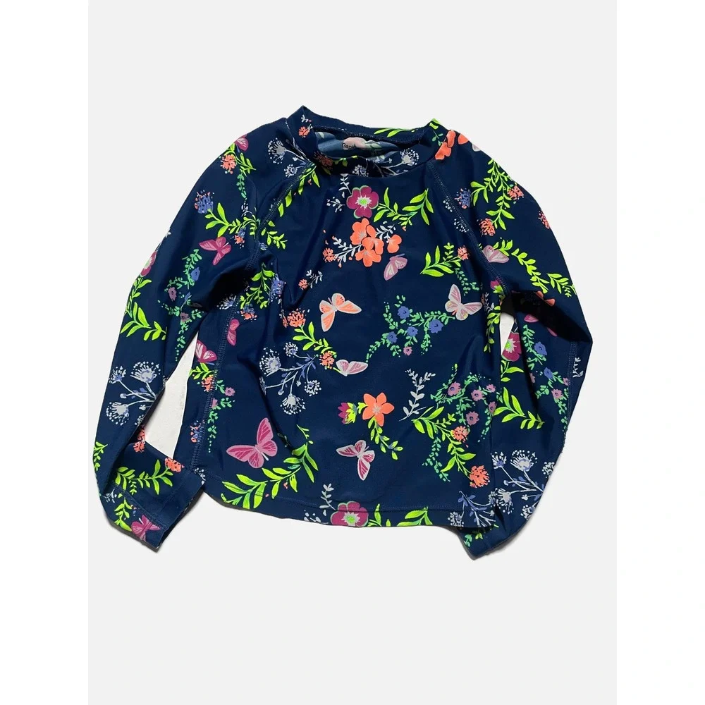 Gap Kids Rash Guard Girls XS Blue Butterfly Floral Long Sleeve Swim Top Beach